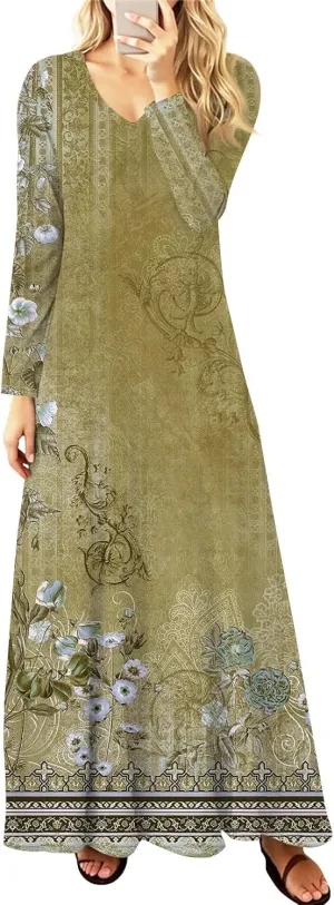 Women's Spring Pretty Sexy Long Sleeve Floral Print Dress Formal V-Neck Long Dresses
