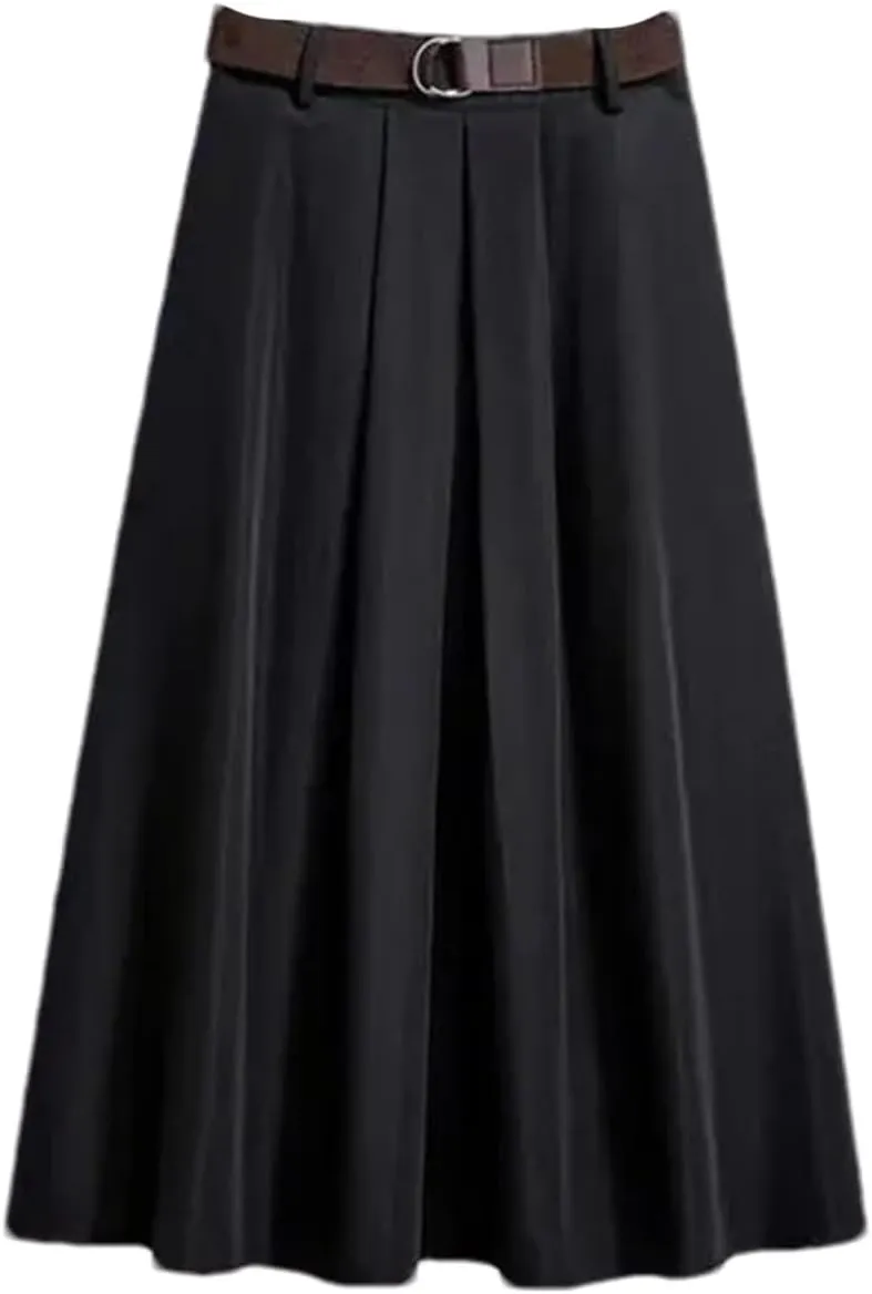 Women's Spring Solid Color A-Line Midi Skirt  High Waist Casual Versatile Skirt with Belt