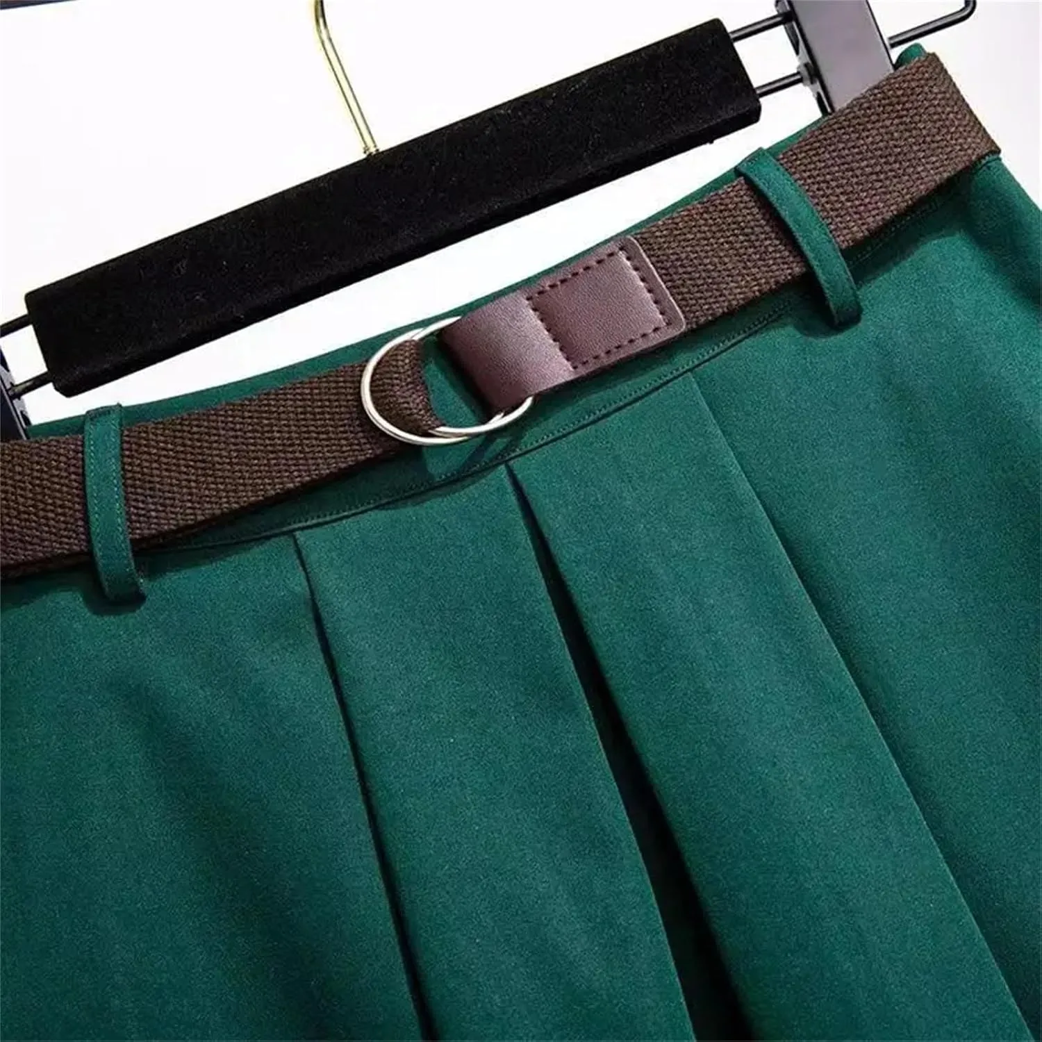 Women's Spring Solid Color A-Line Midi Skirt  High Waist Casual Versatile Skirt with Belt