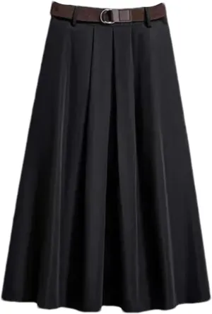 Women's Spring Solid Color A-Line Midi Skirt  High Waist Casual Versatile Skirt with Belt