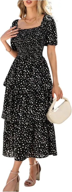 Womens Square Neck Smocked Dress Summer Puff Short Sleeve Floral Casual Ruffle Tiered Maxi Wedding Guest Dresses