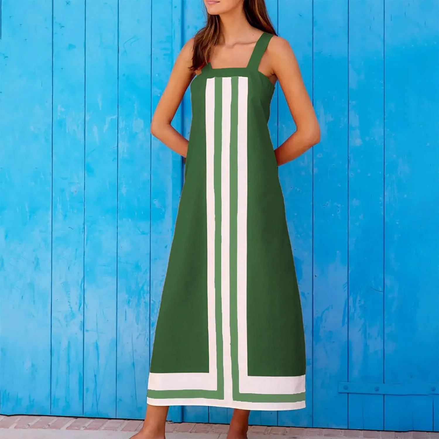 Women's Striped Midi Dress Sundresses Summer Bohemian Floral Sundress Color Block Dresses Strap Beach Dress Cover Up Dresses