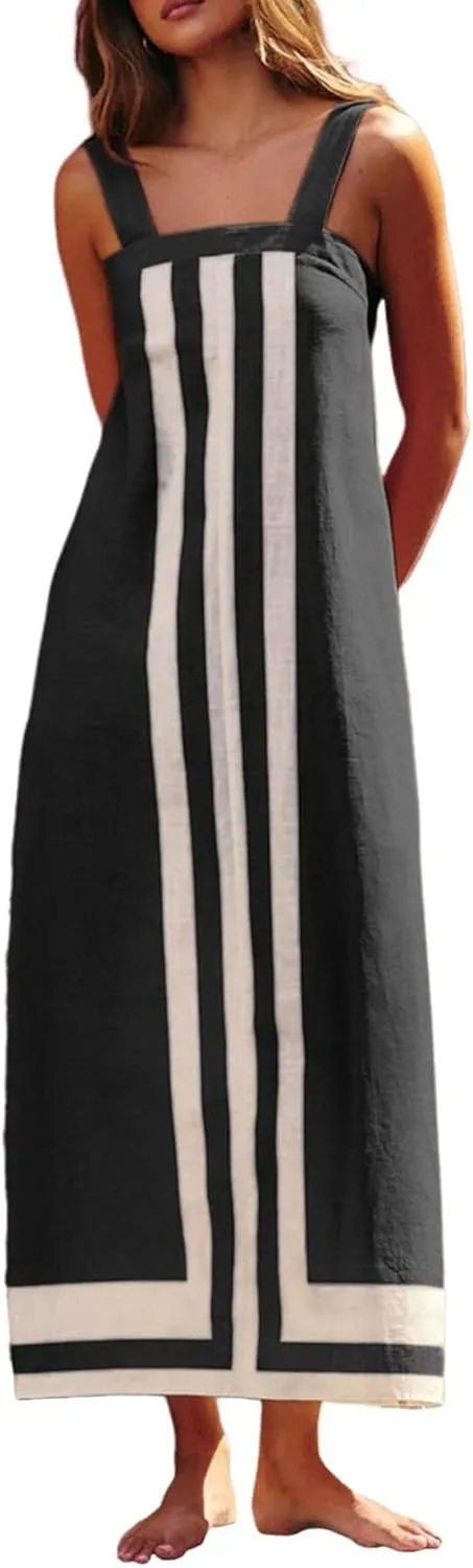 Women's Striped Midi Dress Sundresses Summer Bohemian Floral Sundress Color Block Dresses Strap Beach Dress Cover Up Dresses