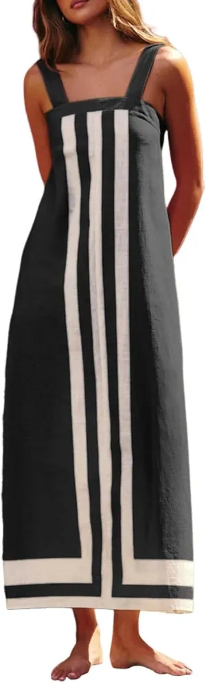 Women's Striped Midi Dress Sundresses Summer Bohemian Floral Sundress Color Block Dresses Strap Beach Dress Cover Up Dresses