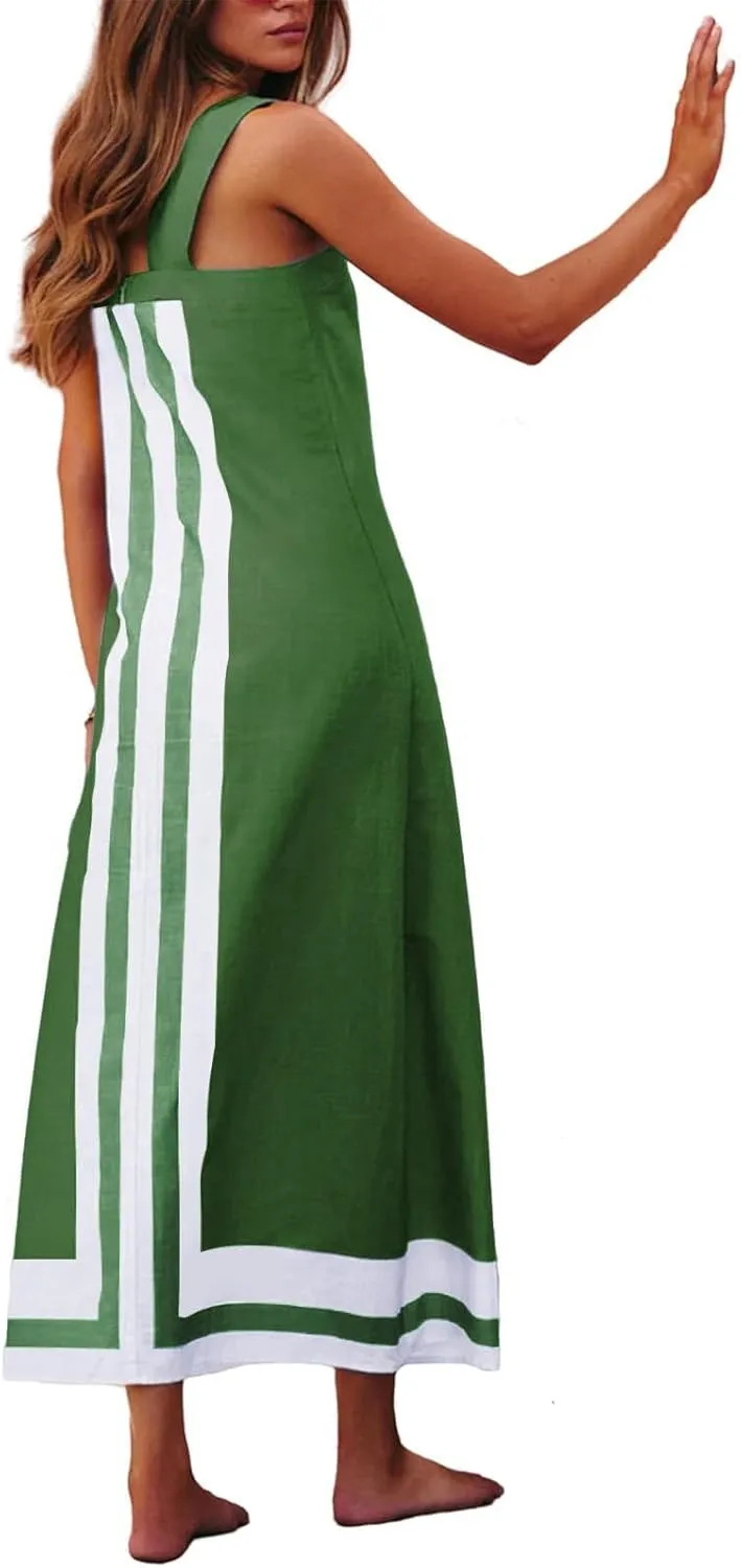 Women's Striped Midi Dress Sundresses Summer Bohemian Floral Sundress Color Block Dresses Strap Beach Dress Cover Up Dresses