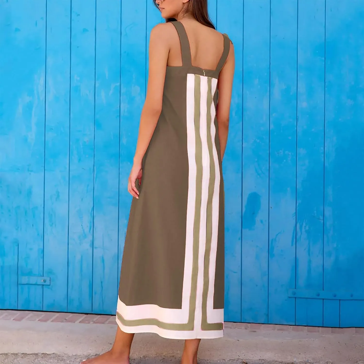 Women's Striped Midi Dress Sundresses Summer Bohemian Floral Sundress Color Block Dresses Strap Beach Dress Cover Up Dresses