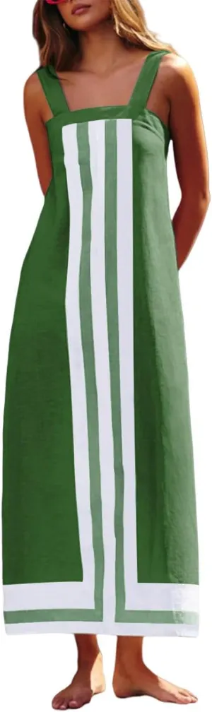 Women's Striped Midi Dress Sundresses Summer Bohemian Floral Sundress Color Block Dresses Strap Beach Dress Cover Up Dresses