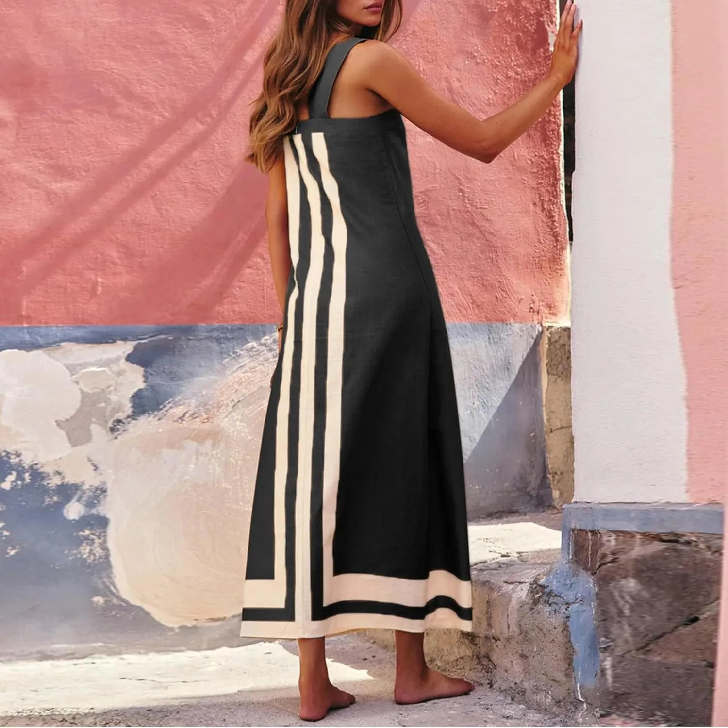 Women's Striped Midi Dress Sundresses Summer Bohemian Floral Sundress Color Block Dresses Strap Beach Dress Cover Up Dresses