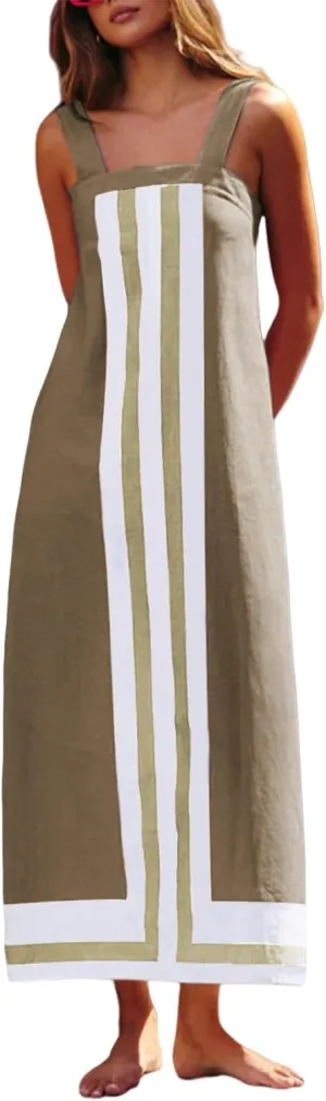 Women's Striped Midi Dress Sundresses Summer Bohemian Floral Sundress Color Block Dresses Strap Beach Dress Cover Up Dresses