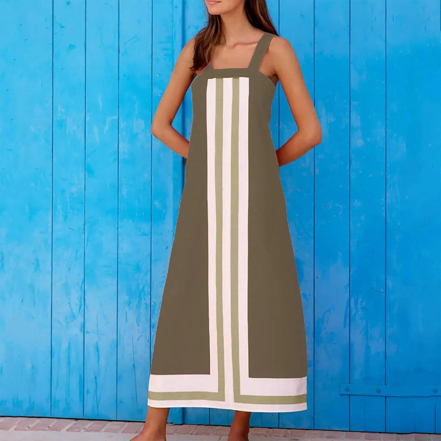 Women's Striped Midi Dress Sundresses Summer Bohemian Floral Sundress Color Block Dresses Strap Beach Dress Cover Up Dresses