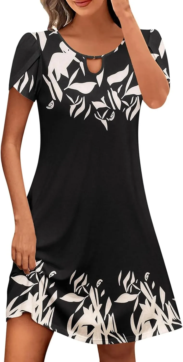 Women's Summer Beach Floral Tshirt Dress Casual Loose a-Line Mini Dresses Short Sleeve Vacation Resort Sundresses