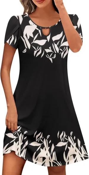 Women's Summer Beach Floral Tshirt Dress Casual Loose a-Line Mini Dresses Short Sleeve Vacation Resort Sundresses