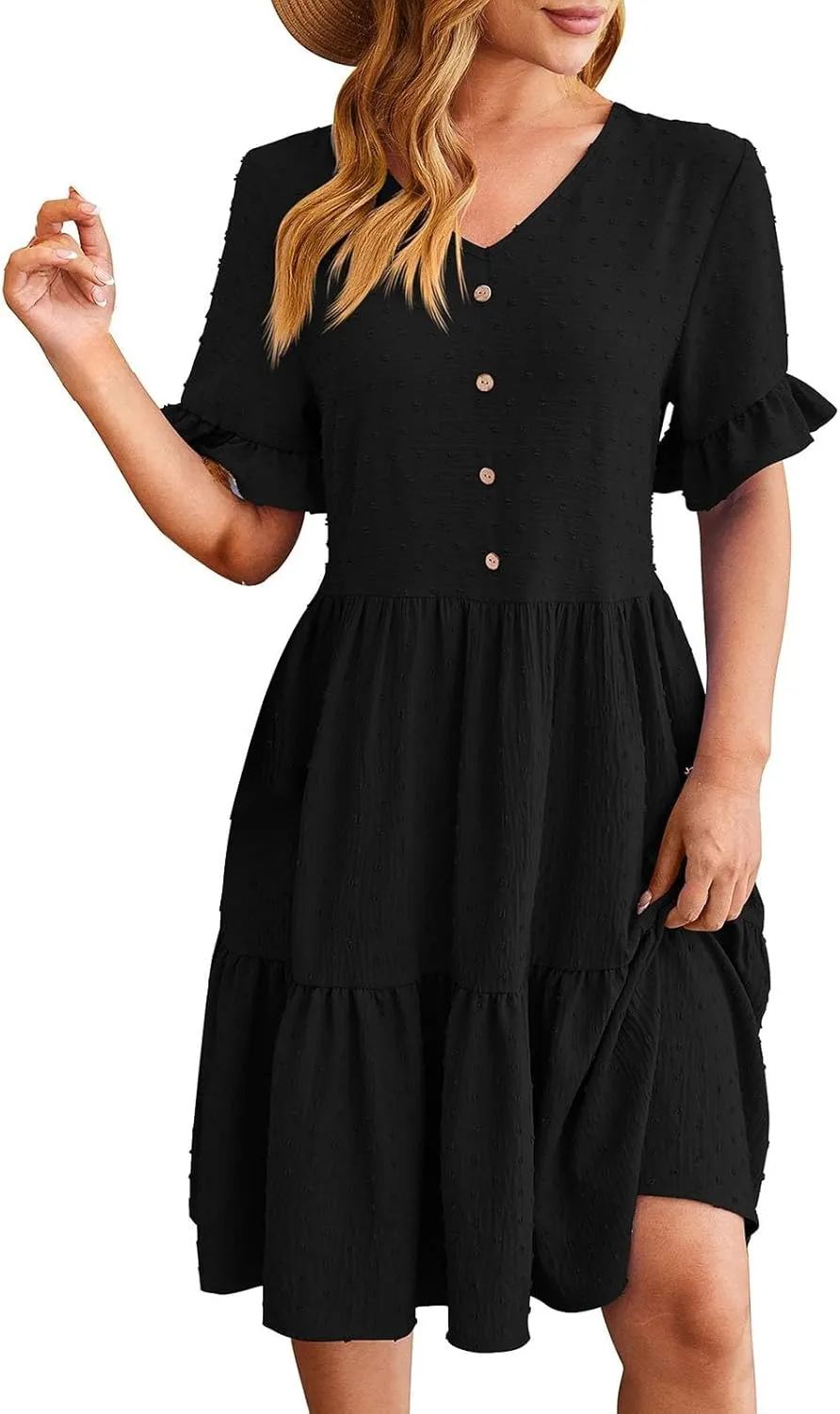 Womens Summer Casual Button Down Mini Dress Ruffle Short Sleeve V Neck Flowy A Line Tiered 2025 Beach Vacation Dresses