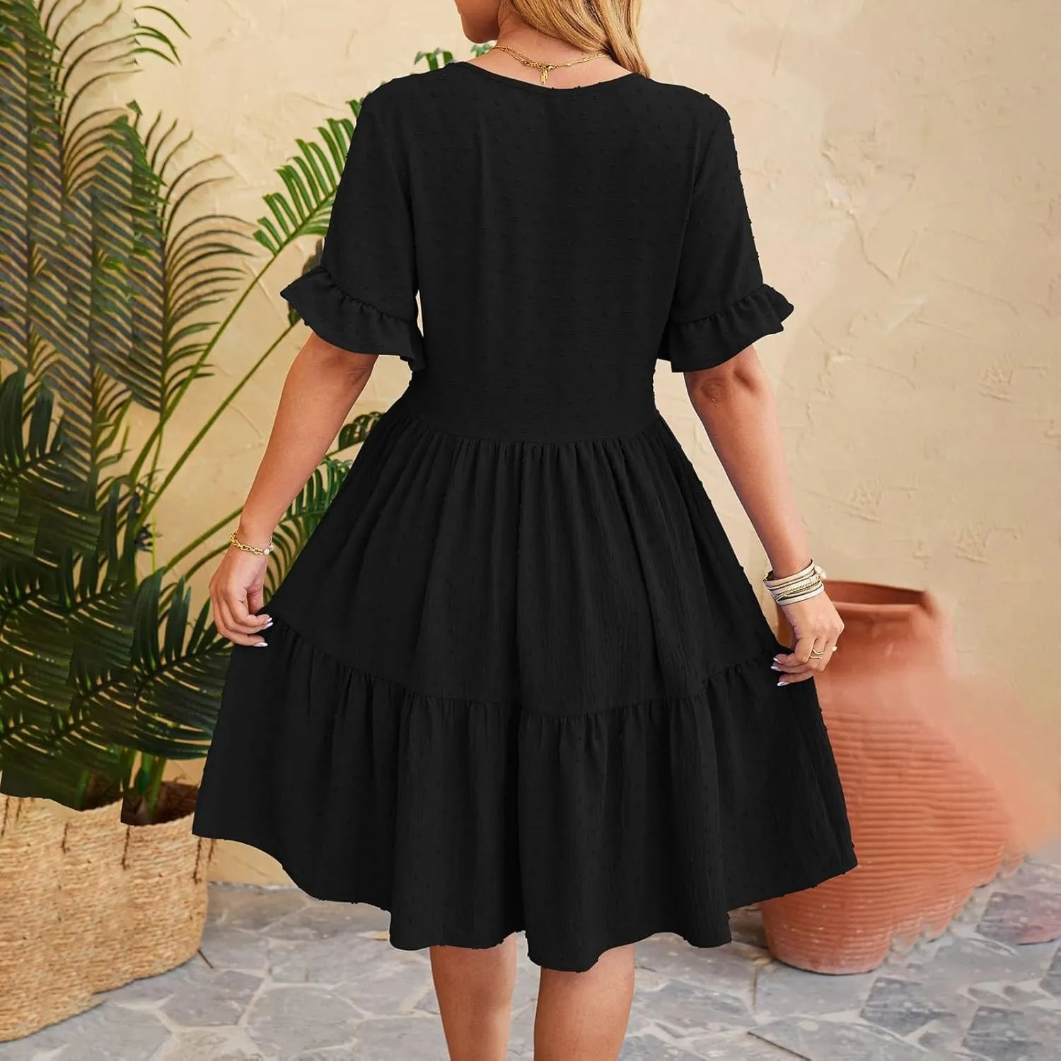 Womens Summer Casual Button Down Mini Dress Ruffle Short Sleeve V Neck Flowy A Line Tiered 2025 Beach Vacation Dresses