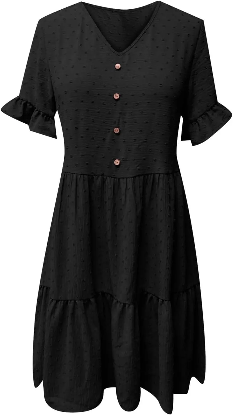 Womens Summer Casual Button Down Mini Dress Ruffle Short Sleeve V Neck Flowy A Line Tiered 2025 Beach Vacation Dresses