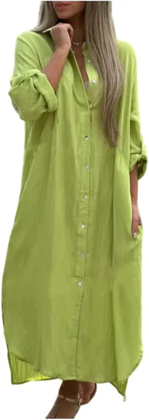 Women's Summer Cotton Linen Button Down Collar Dress Casual Loose Long Sleeve Maxi Shirt Dresses with Pockets