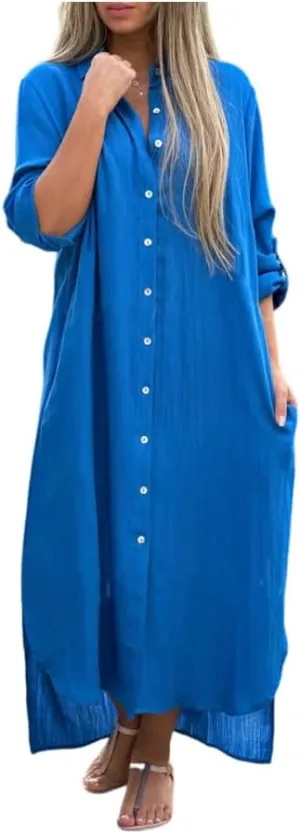 Women's Summer Cotton Linen Button Down Collar Dress Casual Loose Long Sleeve Maxi Shirt Dresses with Pockets