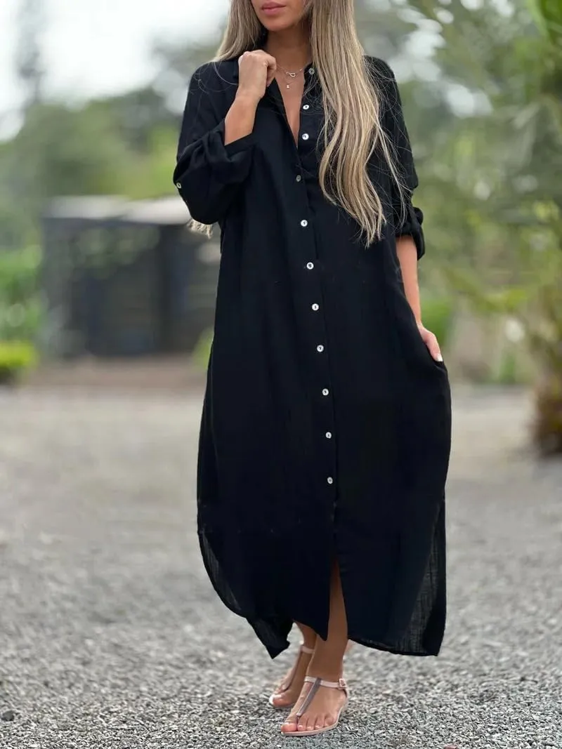 Women's Summer Cotton Linen Button Down Collar Dress Casual Loose Long Sleeve Maxi Shirt Dresses with Pockets