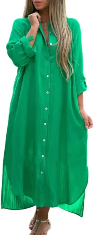 Women's Summer Cotton Linen Button Down Collar Dress Casual Loose Long Sleeve Maxi Shirt Dresses with Pockets