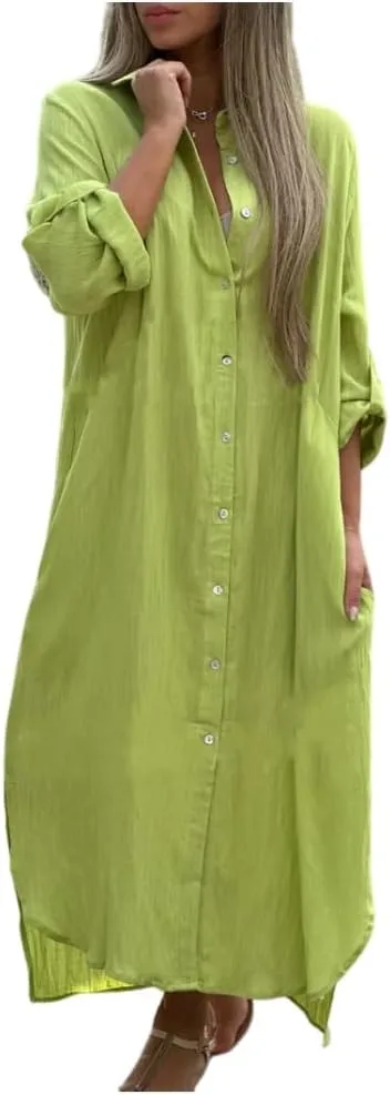 Women's Summer Cotton Linen Button Down Collar Dress Casual Loose Long Sleeve Maxi Shirt Dresses with Pockets