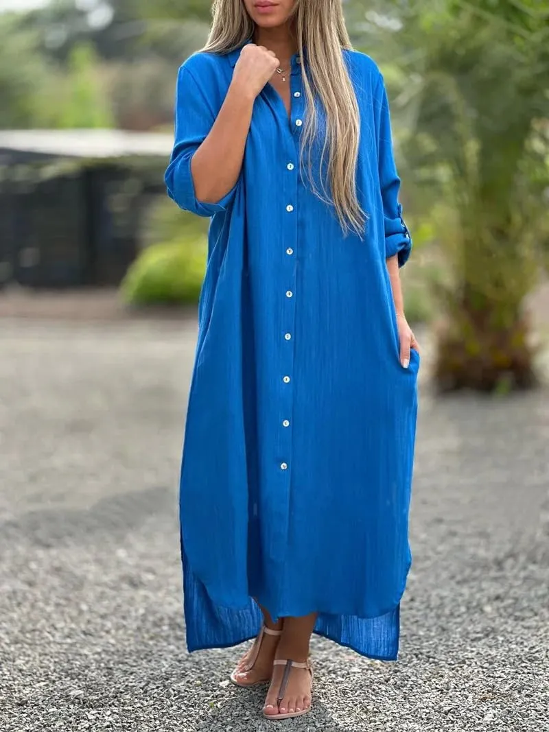 Women's Summer Cotton Linen Button Down Collar Dress Casual Loose Long Sleeve Maxi Shirt Dresses with Pockets
