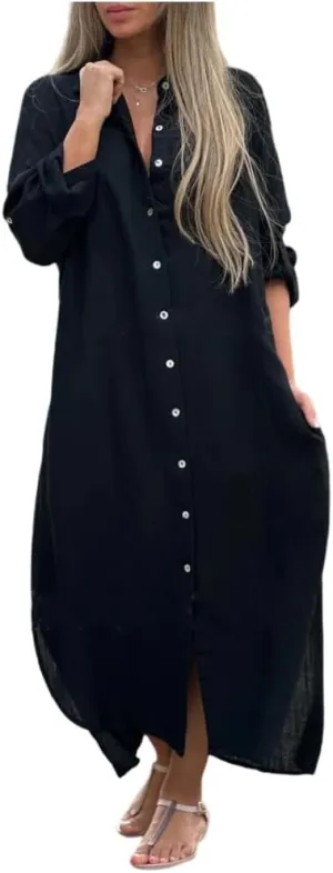 Women's Summer Cotton Linen Button Down Collar Dress Casual Loose Long Sleeve Maxi Shirt Dresses with Pockets
