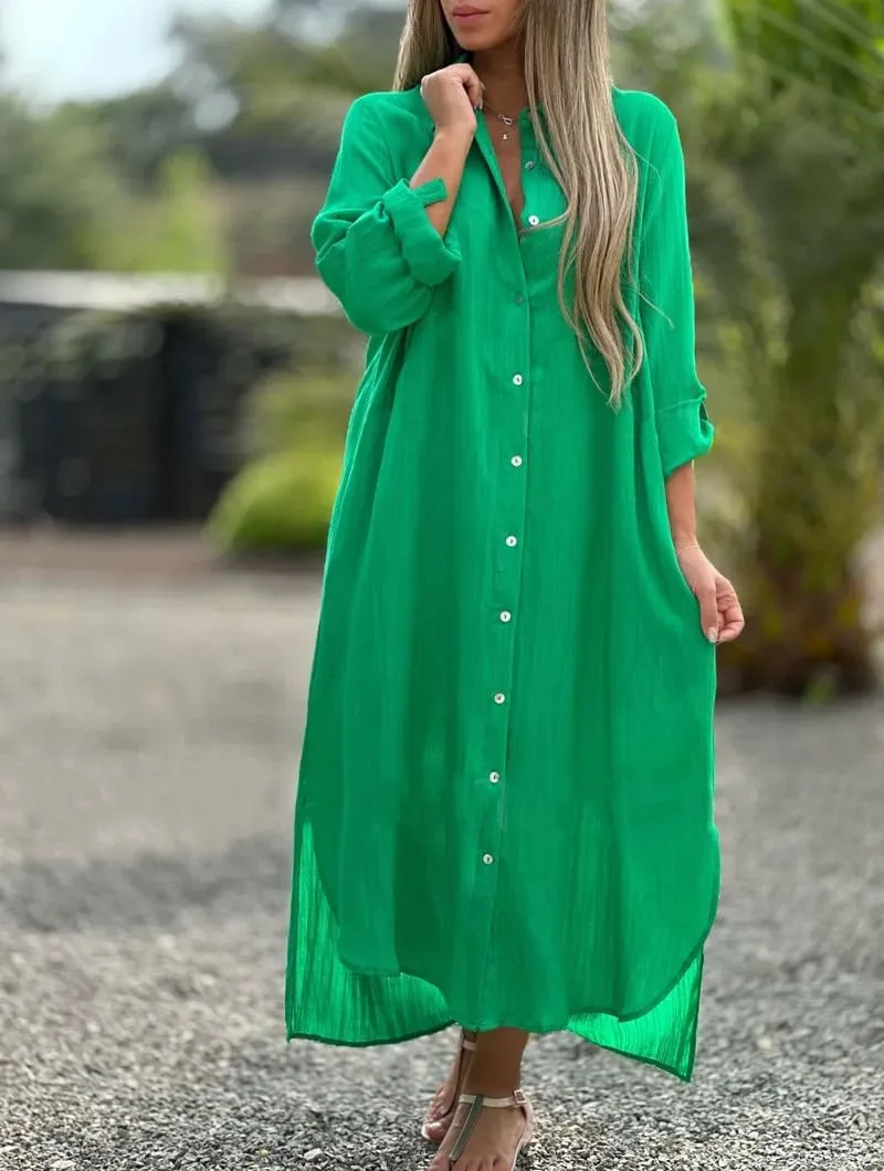 Women's Summer Cotton Linen Button Down Collar Dress Casual Loose Long Sleeve Maxi Shirt Dresses with Pockets