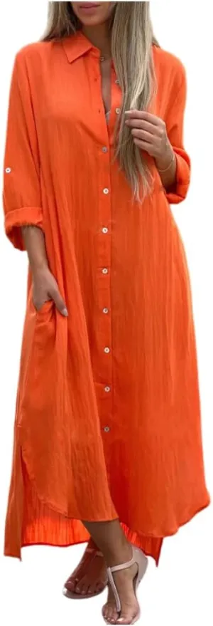 Women's Summer Cotton Linen Button Down Collar Dress Casual Loose Long Sleeve Maxi Shirt Dresses with Pockets