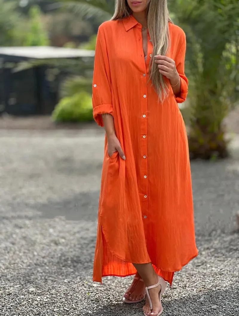 Women's Summer Cotton Linen Button Down Collar Dress Casual Loose Long Sleeve Maxi Shirt Dresses with Pockets