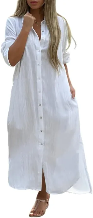 Women's Summer Cotton Linen Button Down Collar Dress Casual Loose Long Sleeve Maxi Shirt Dresses with Pockets