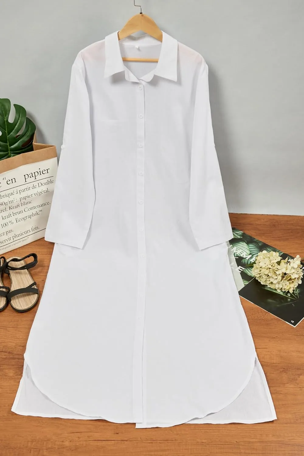 Women's Summer Cotton Linen Button Down Collar Dress Casual Loose Long Sleeve Maxi Shirt Dresses with Pockets