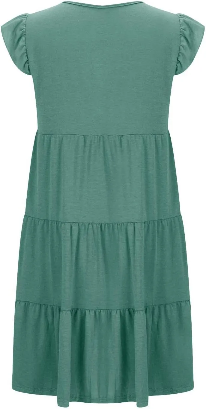 Womens Summer Dresses Round Neck Cap Sleeve Mini Dress Ruffle Hem A Line Short Dresses Casual Vacation Beach Dress