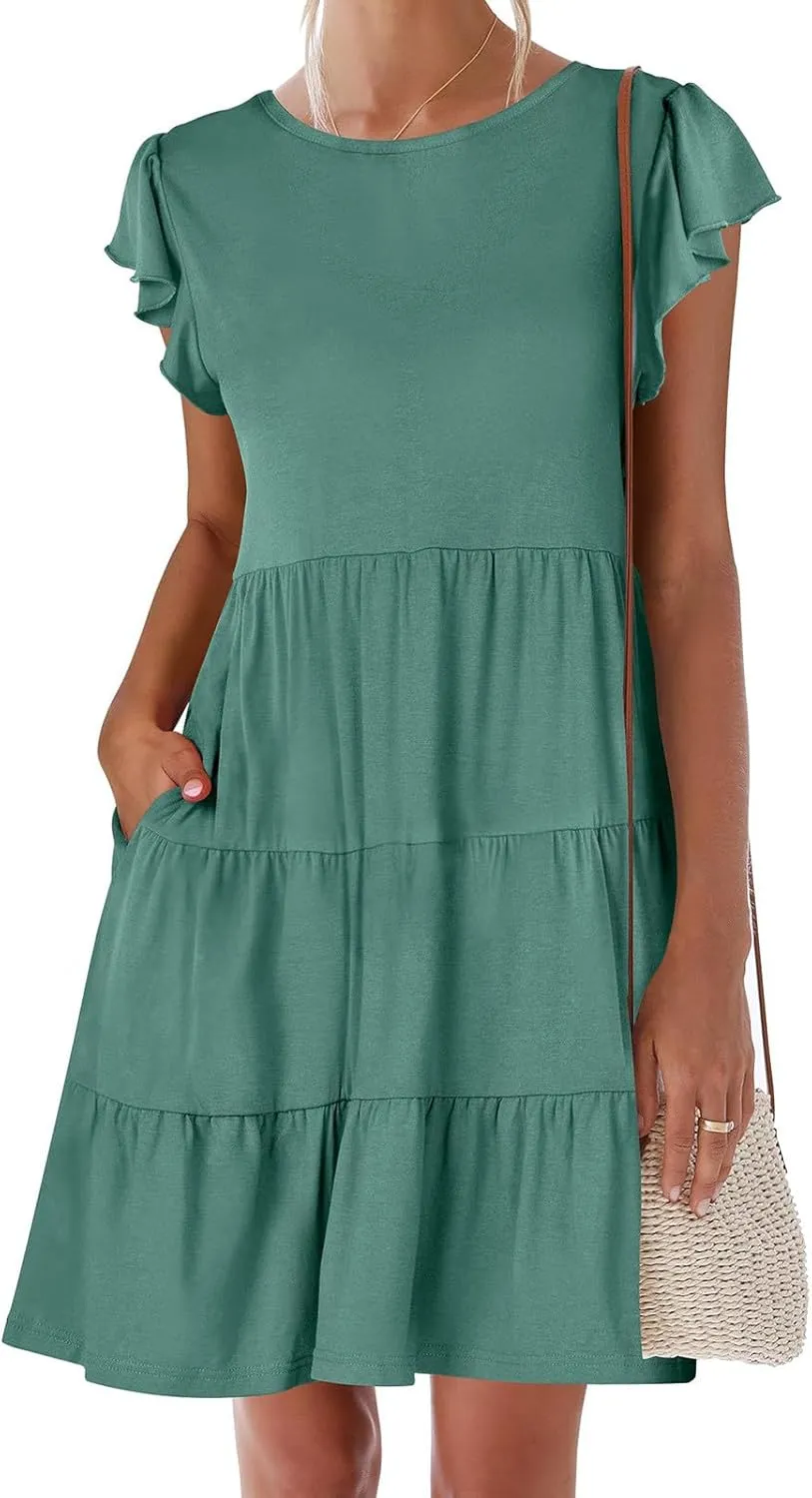 Womens Summer Dresses Round Neck Cap Sleeve Mini Dress Ruffle Hem A Line Short Dresses Casual Vacation Beach Dress