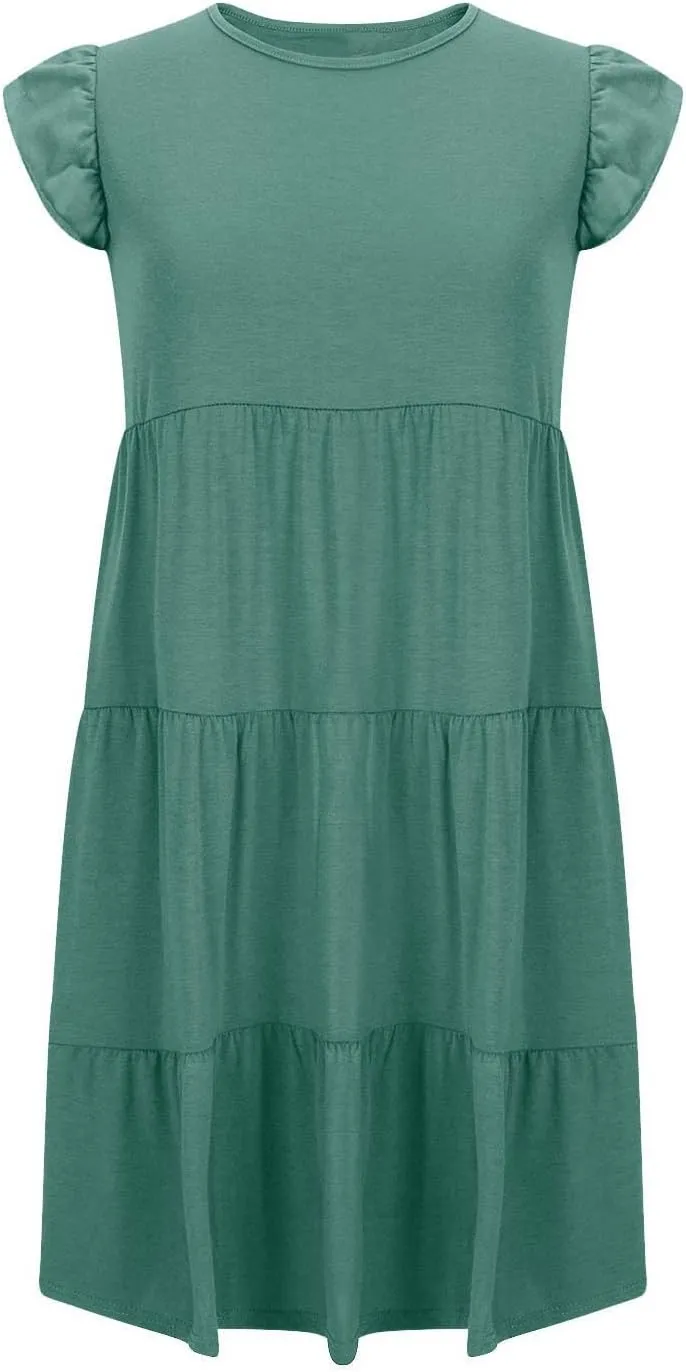 Womens Summer Dresses Round Neck Cap Sleeve Mini Dress Ruffle Hem A Line Short Dresses Casual Vacation Beach Dress