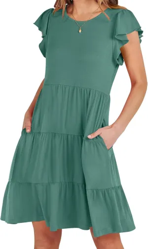 Womens Summer Dresses Round Neck Cap Sleeve Mini Dress Ruffle Hem A Line Short Dresses Casual Vacation Beach Dress