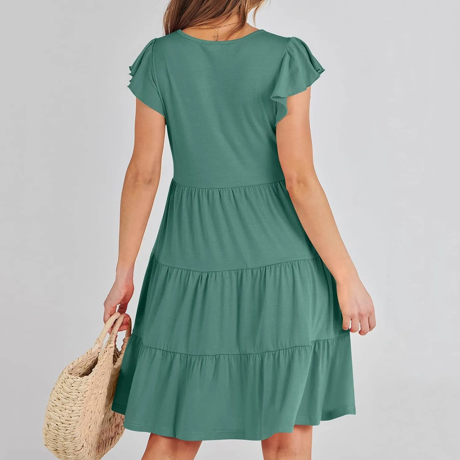 Womens Summer Dresses Round Neck Cap Sleeve Mini Dress Ruffle Hem A Line Short Dresses Casual Vacation Beach Dress