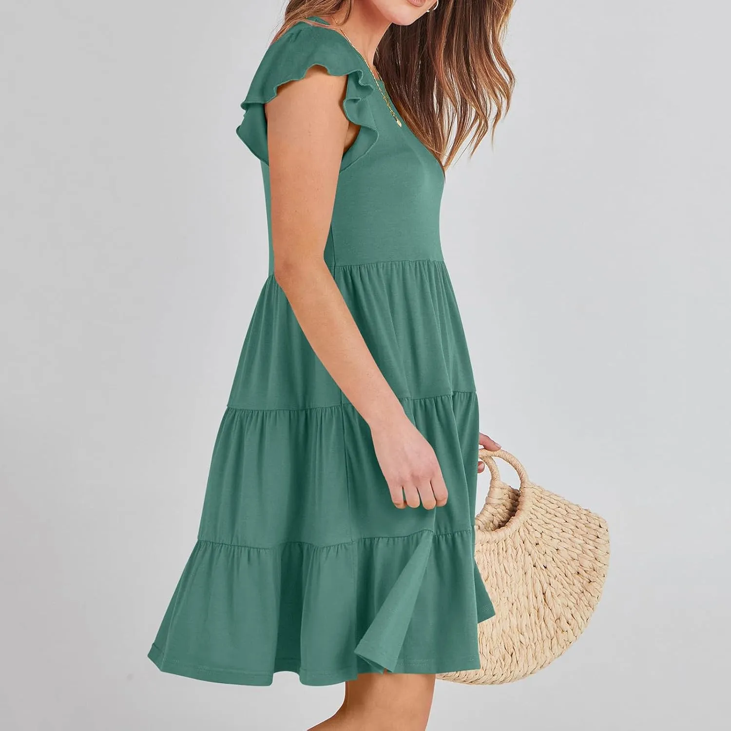 Womens Summer Dresses Round Neck Cap Sleeve Mini Dress Ruffle Hem A Line Short Dresses Casual Vacation Beach Dress