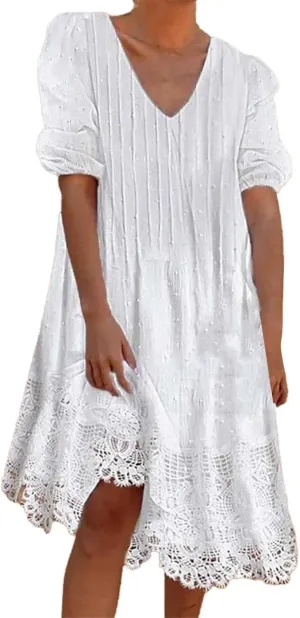 Womens Summer Dresses Square Neck Tie Back Lantern Sleeve Ruffle A-Line Casual Dress Flowy Pleated Mini Babydoll Summer Dress