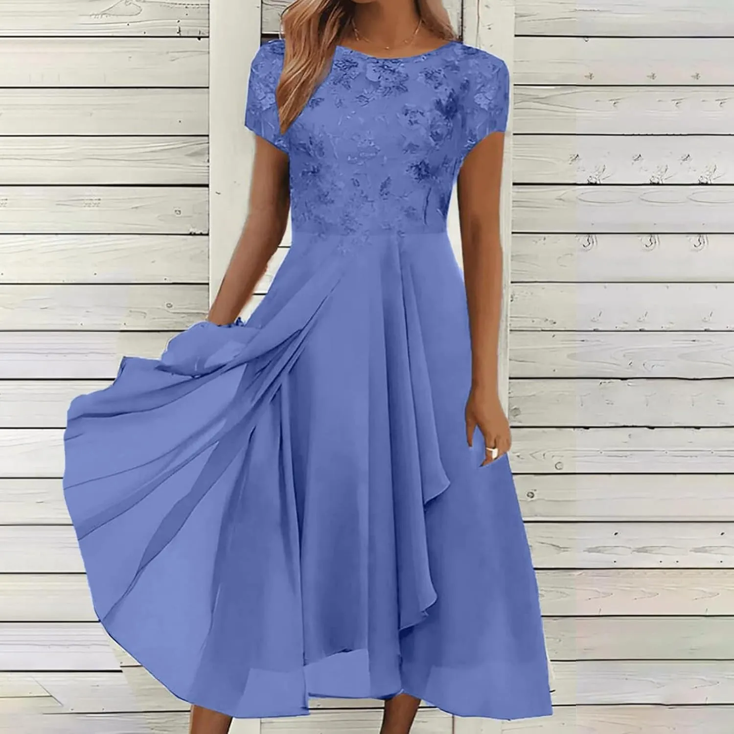 Women's Summer Elegant Trendy V-Neck Short Sleeve Lace Chiffon Prom Party Cocktail Wedding Guest Dress 2025, S-3XL