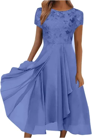 Women's Summer Elegant Trendy V-Neck Short Sleeve Lace Chiffon Prom Party Cocktail Wedding Guest Dress 2025, S-3XL