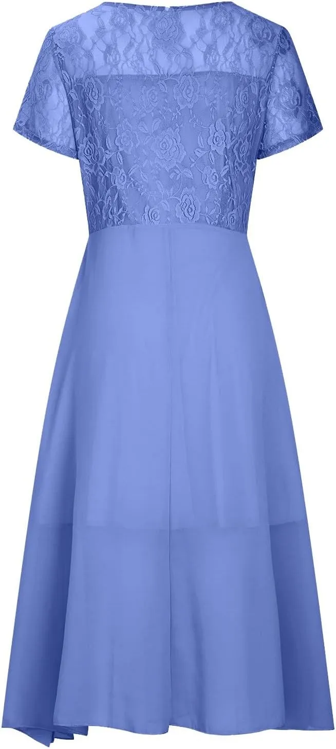 Women's Summer Elegant Trendy V-Neck Short Sleeve Lace Chiffon Prom Party Cocktail Wedding Guest Dress 2025, S-3XL
