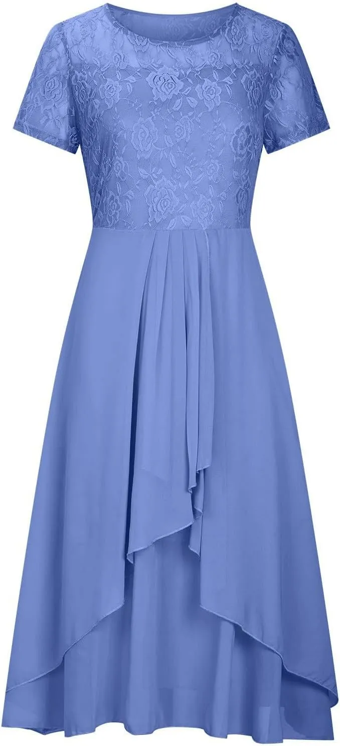 Women's Summer Elegant Trendy V-Neck Short Sleeve Lace Chiffon Prom Party Cocktail Wedding Guest Dress 2025, S-3XL