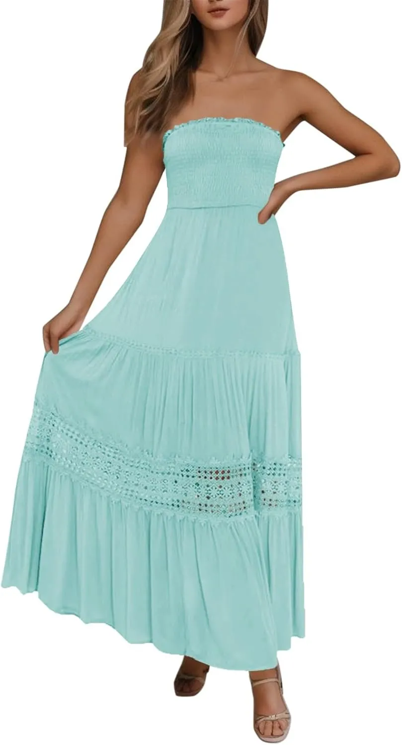 Women's Summer Maxi Dress 2025 Casual Boho Off Shoulder Sleeveless Lace Trim Dresses Smocked Tiered Beach Sundresses