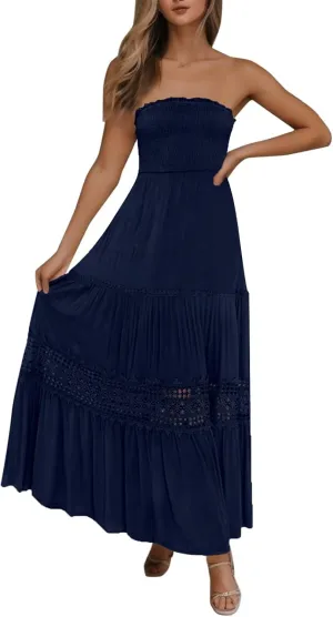 Women's Summer Maxi Dress 2025 Casual Boho Off Shoulder Sleeveless Lace Trim Dresses Smocked Tiered Beach Sundresses