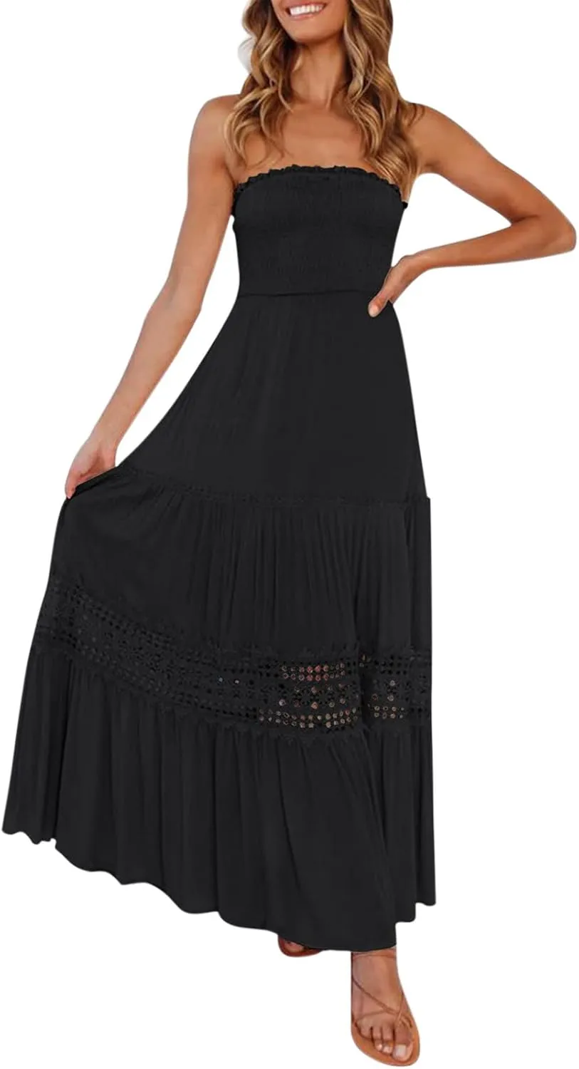 Women's Summer Maxi Dress 2025 Casual Boho Off Shoulder Sleeveless Lace Trim Dresses Smocked Tiered Beach Sundresses