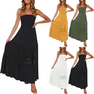 Women's Summer Maxi Dress 2025 Casual Boho Off Shoulder Sleeveless Lace Trim Dresses Smocked Tiered Beach Sundresses