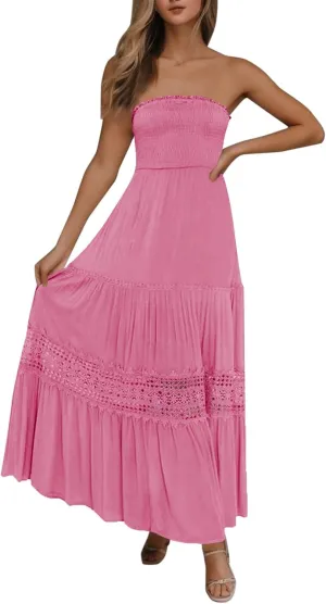 Women's Summer Maxi Dress 2025 Casual Boho Off Shoulder Sleeveless Lace Trim Dresses Smocked Tiered Beach Sundresses