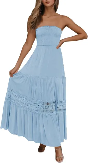 Women's Summer Maxi Dress 2025 Casual Boho Off Shoulder Sleeveless Lace Trim Dresses Smocked Tiered Beach Sundresses