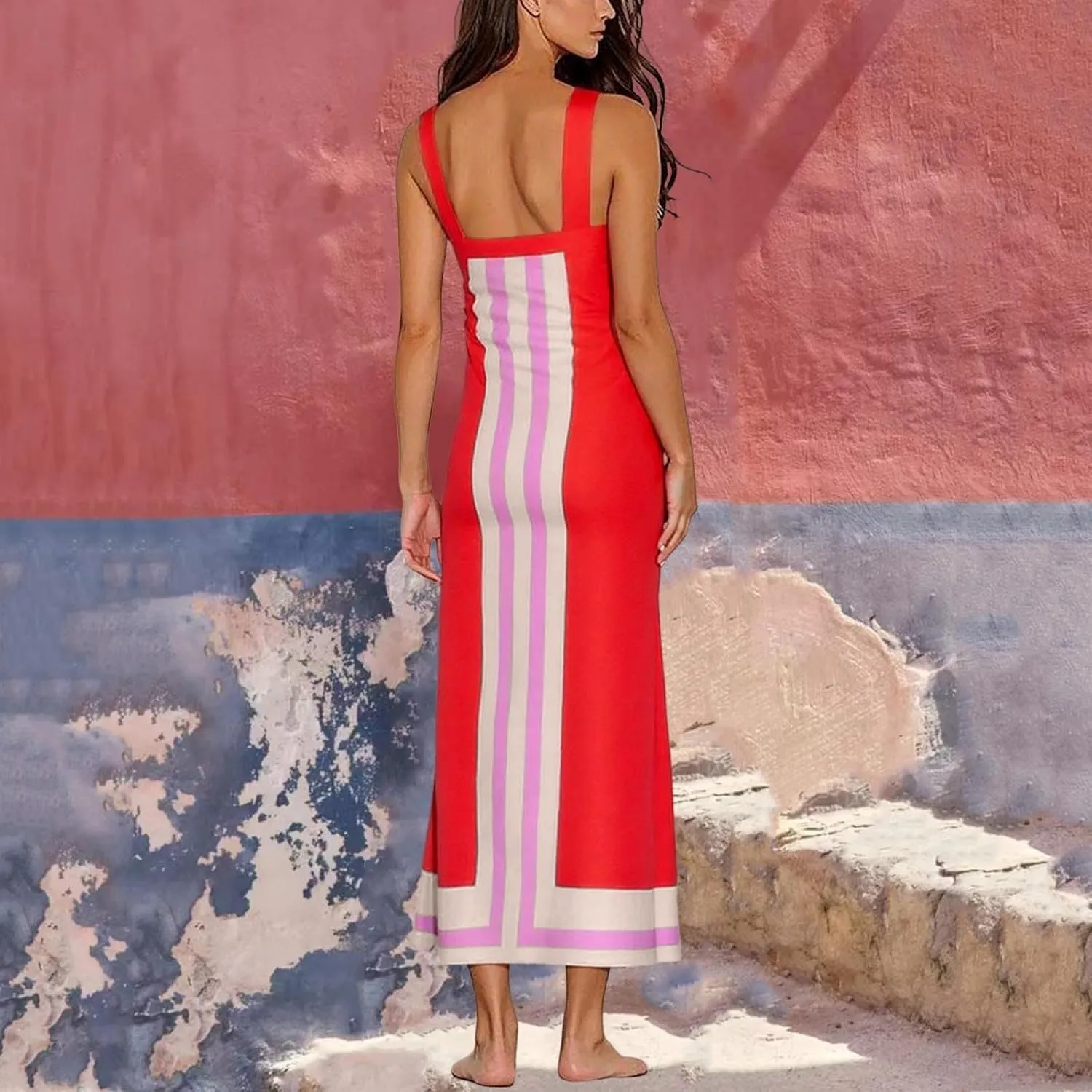 Womens Summer Maxi Dress Boho Striped Shoulder Strap Long Sundress Summer 2025 Color Blocked Beach Cover Up Dress