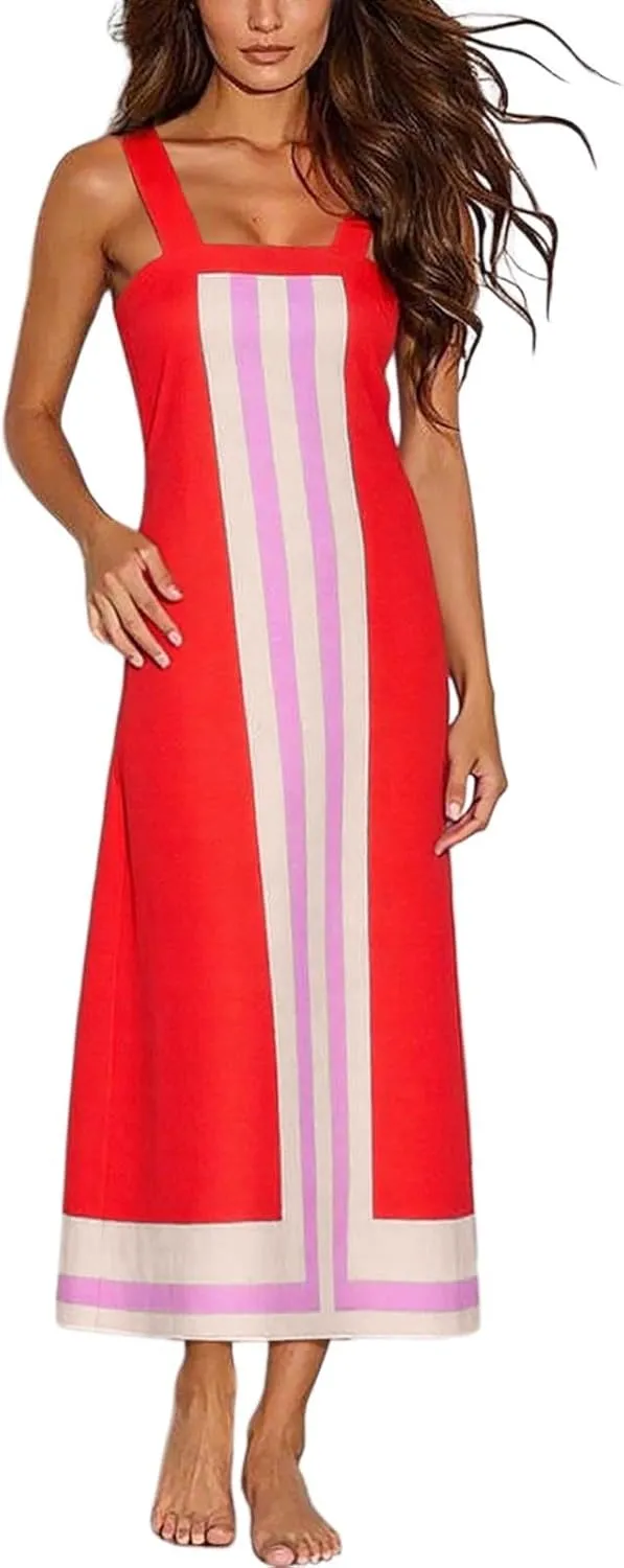 Womens Summer Maxi Dress Boho Striped Shoulder Strap Long Sundress Summer 2025 Color Blocked Beach Cover Up Dress